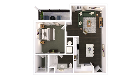 Floor plan for 1 bed, 1 bath, 727 sqft